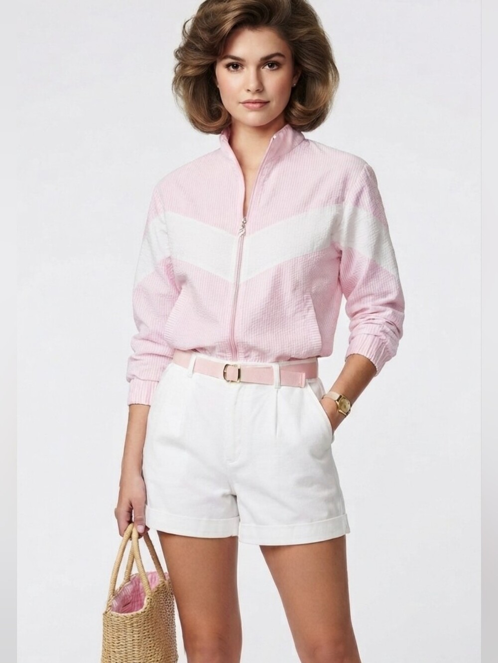 Deadstock 80s Pierre Cardin Actif M Pink White Full Zip Jacket Preppy Coastal